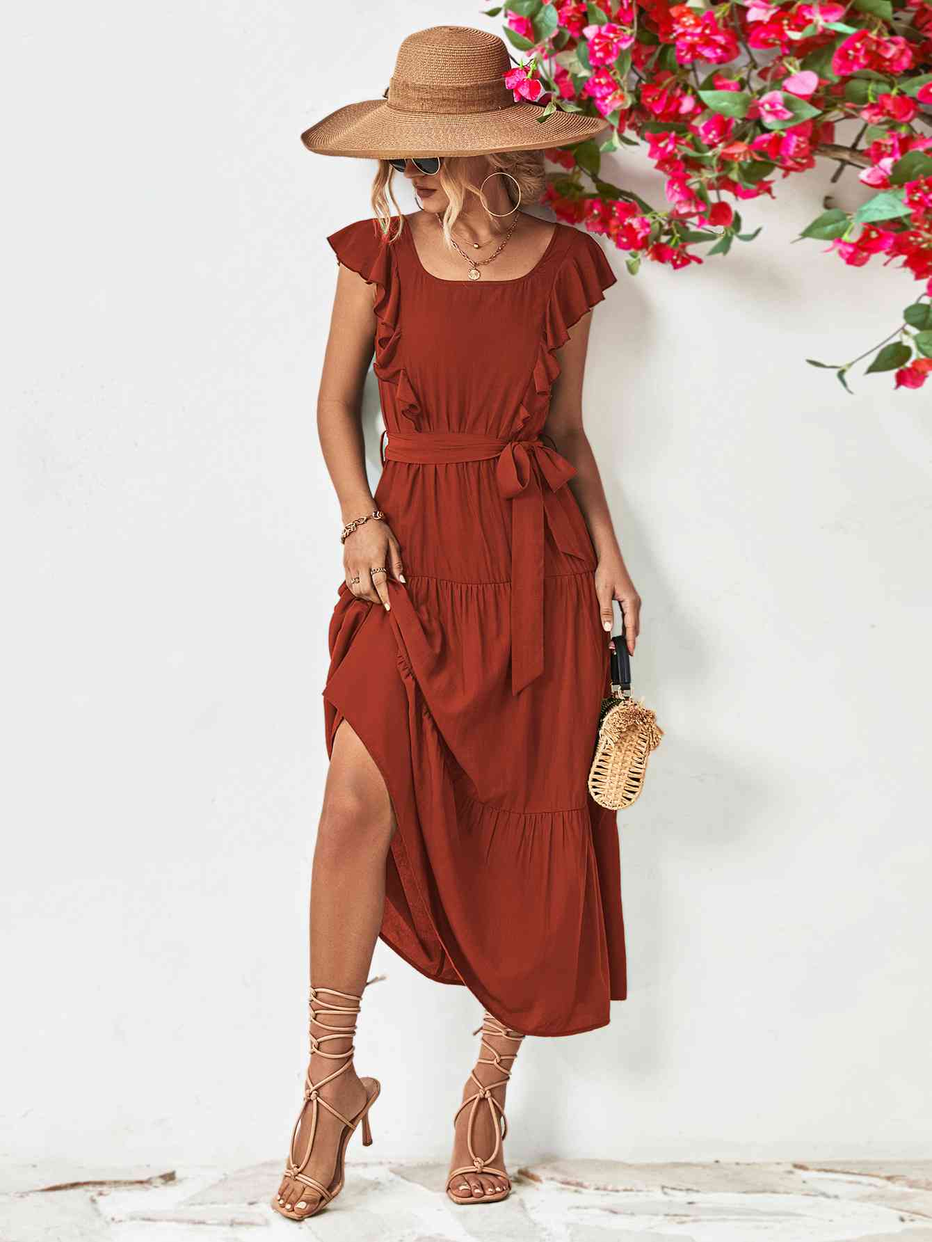 Tie Belt Ruffled Tiered Dress