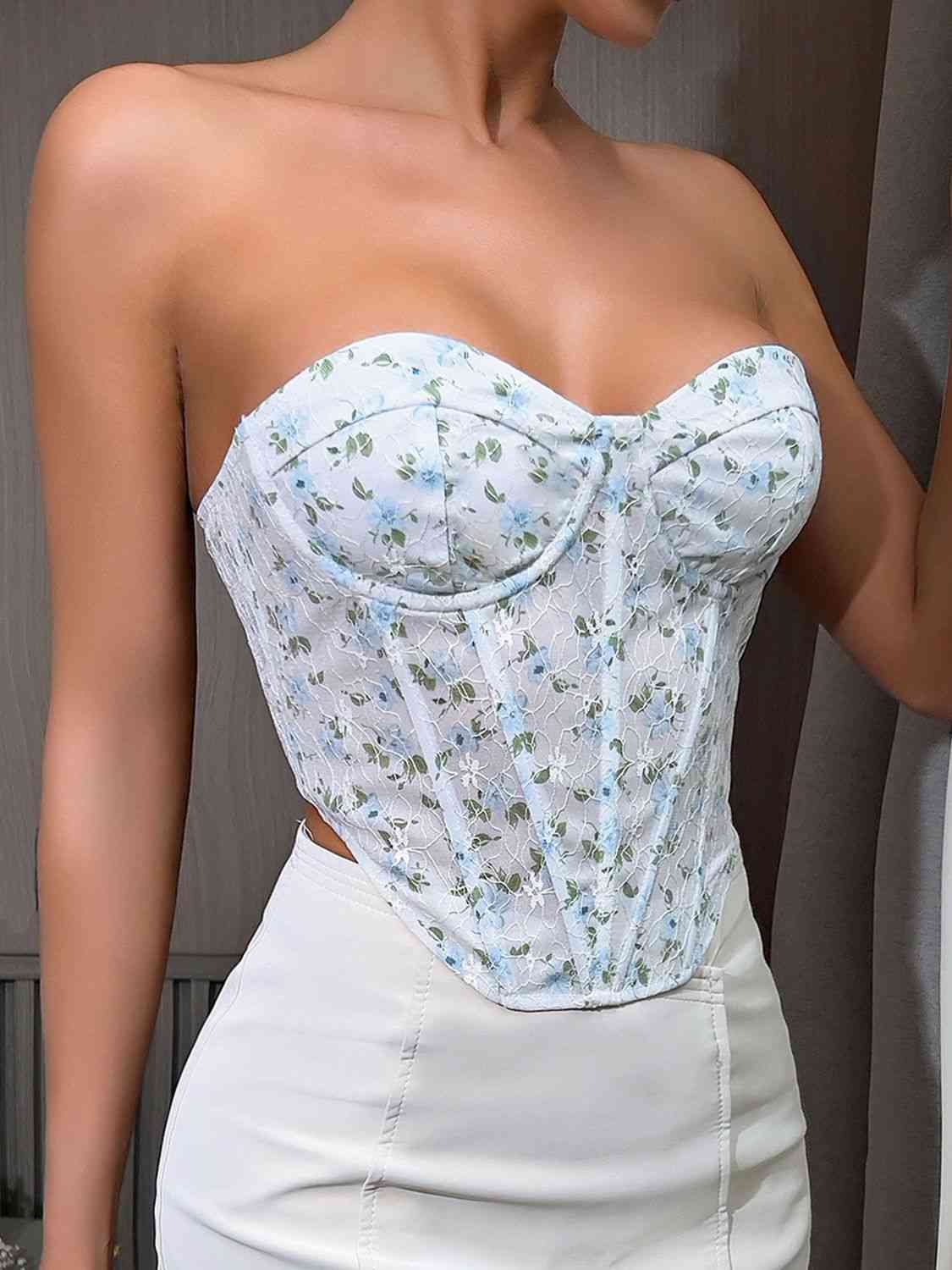 Bustier sans bretelles à lacets et fleurs