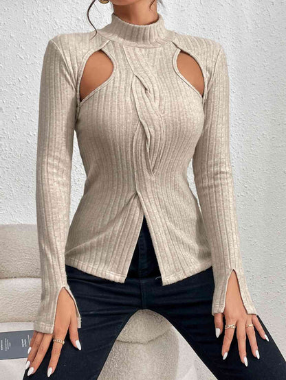 Cutout Mock Neck Long Sleeve Blouses