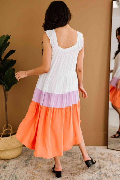 Color Block Ruffle Hem Tiered High-Low Dress