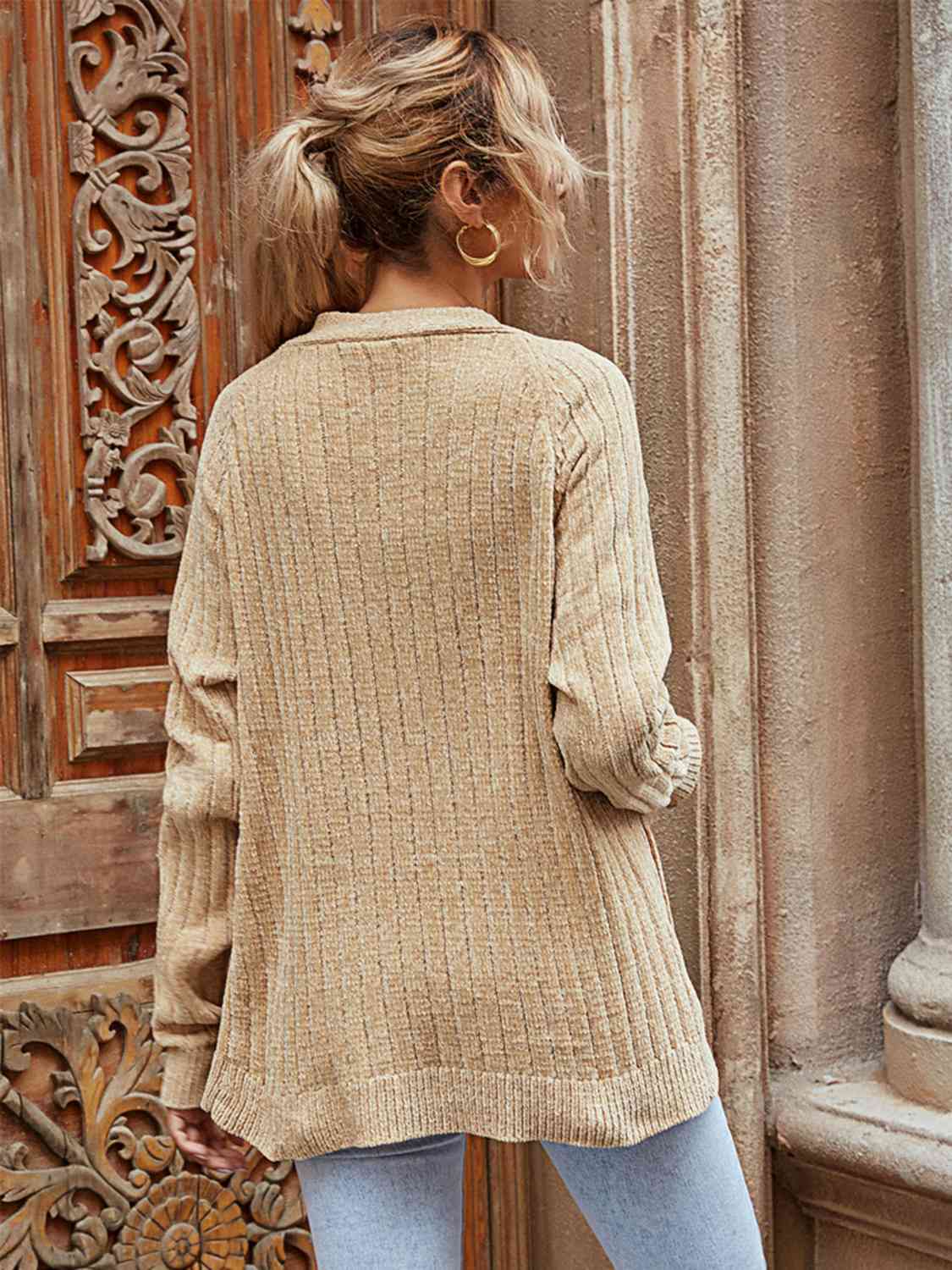 Ribbed Open Front Long Sleeve Cardigan with Pockets