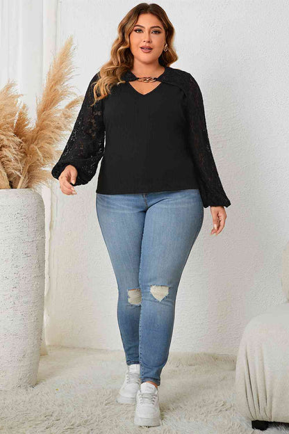 Plus Size Cutout Front Lace Sleeve Blouse