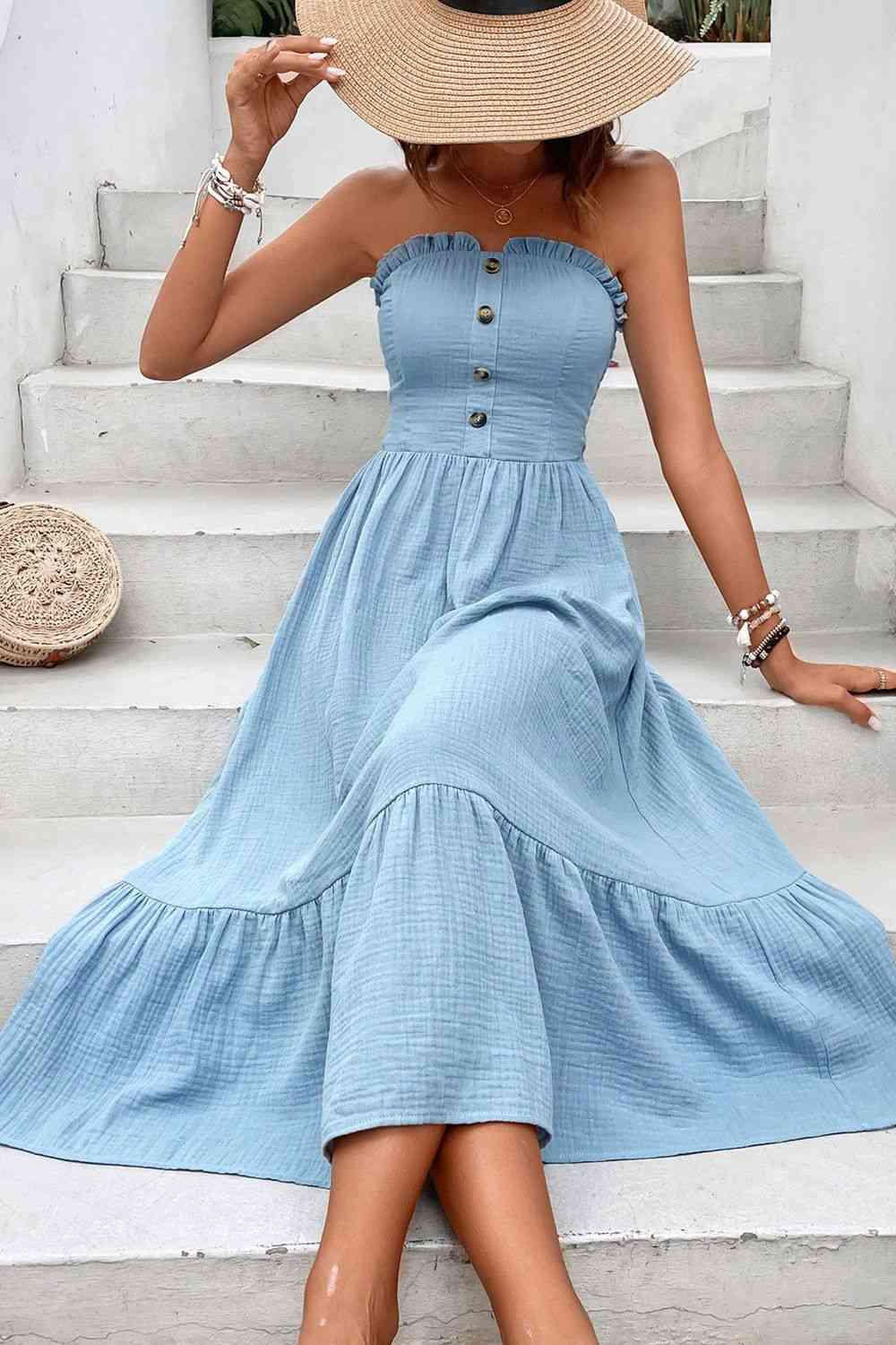 Sweetheart Neck Buttoned Sleeveless Midi Dress