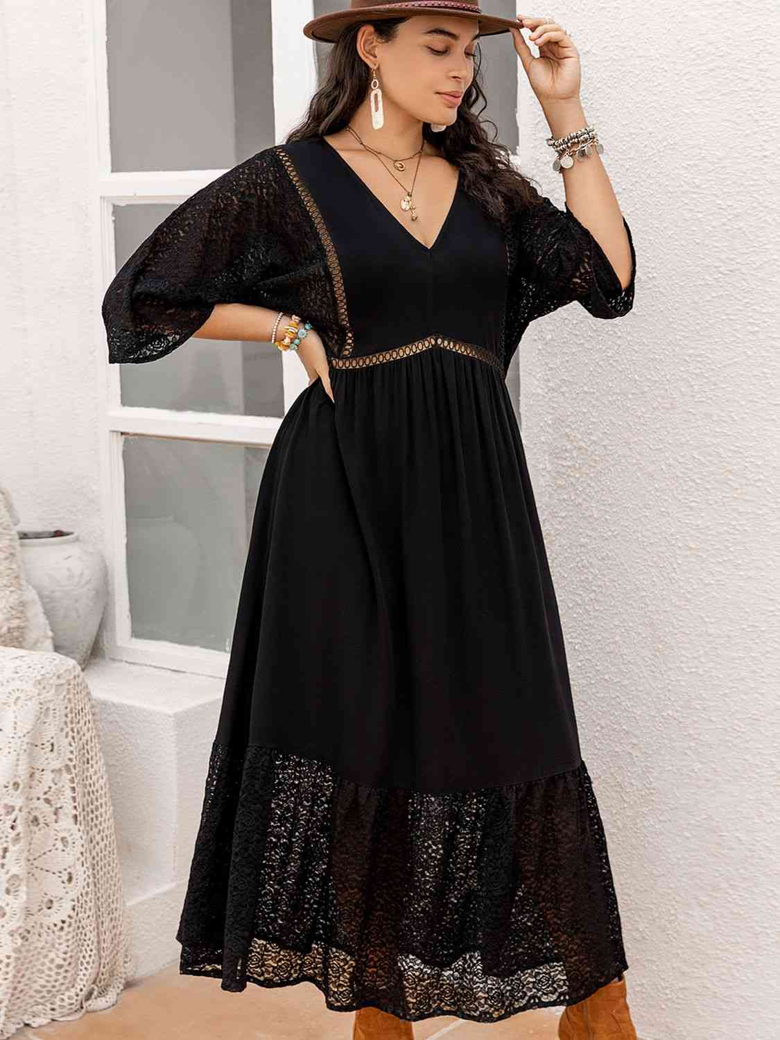 Plus Size V-Neck Half Sleeve Midi Dress