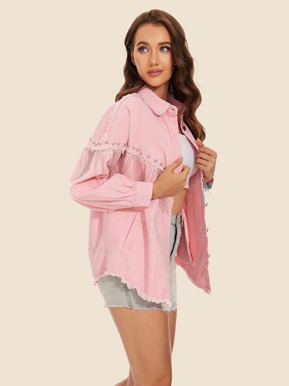 Veste en jean à ourlet brut et franges