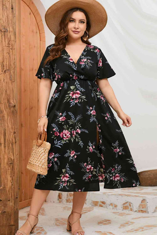 Robe Fendue Florale à Manches Courtes de Grande Taille