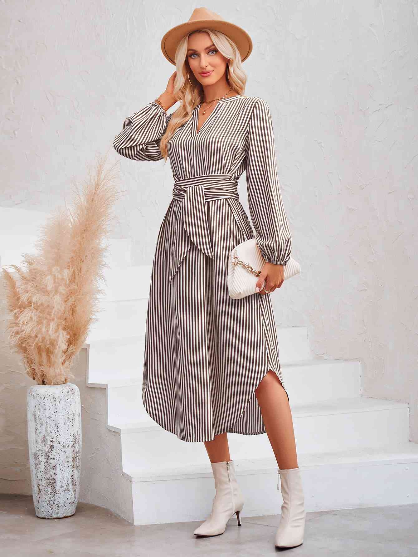 Striped Notched Neck Curved Hem Long Sleeve Dress