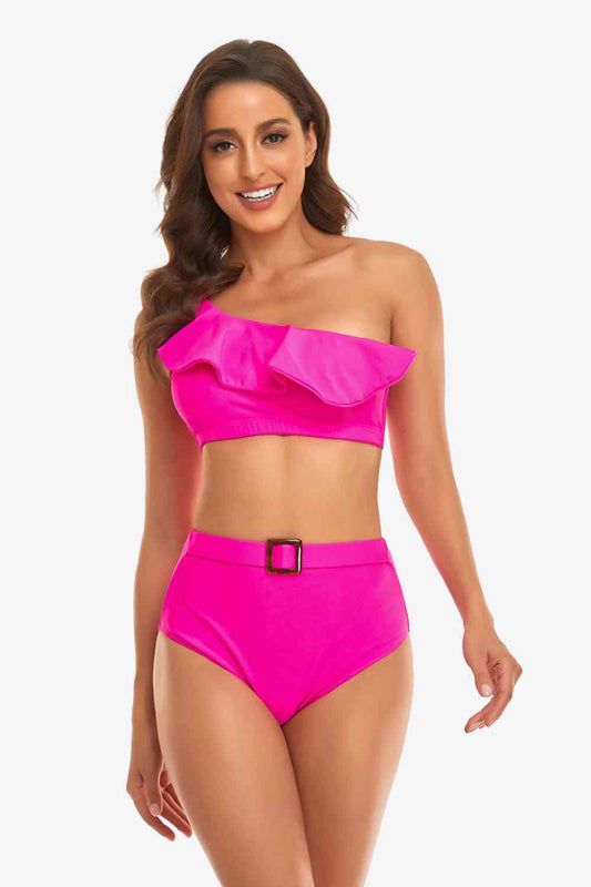 Ensemble de bikini à une épaule et à volants avec boucle