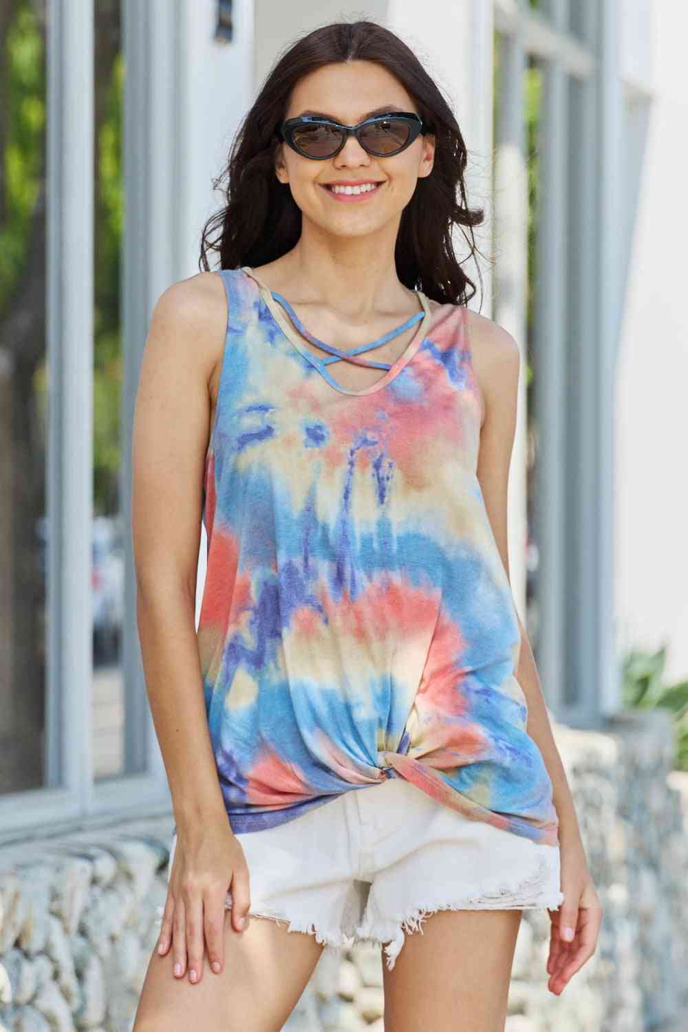 GeeGee Mixed Ties Tie Dye Cross Detail Top