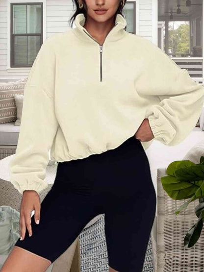 Half-Zip Collared Drop Shoulder Fleece Sweatshirt