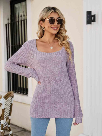 Square Neck Ribbed Long Sleeve T-Shirt