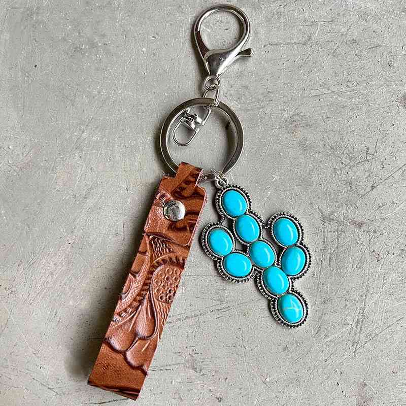 Porte-clés en cuir véritable turquoise