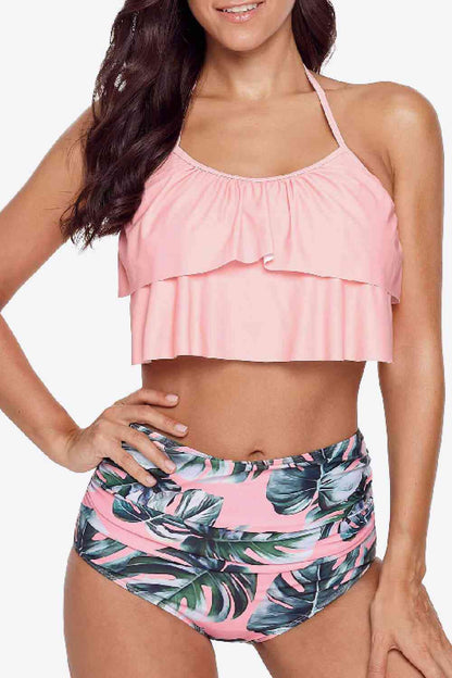 Conjunto de top de baño corto con cuello halter y pantalones de baño con estampado botánico