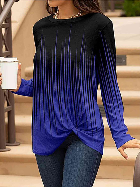 Contrast Twisted Round Neck Long Sleeve T-Shirt
