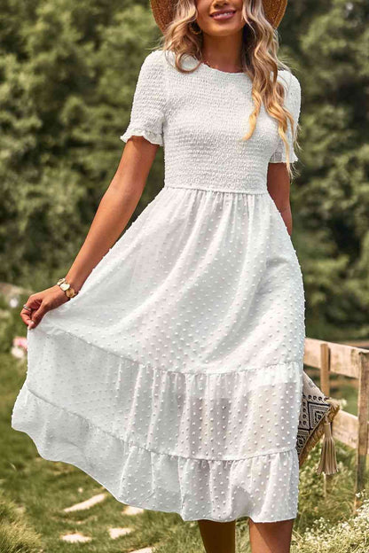 Swiss Dot Smocked Round Neck Short Sleeve Midi Dress