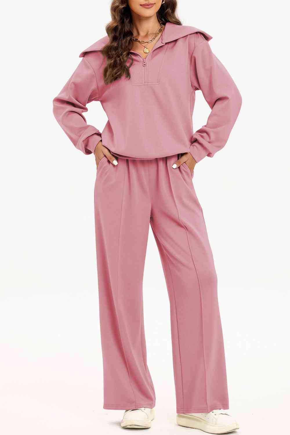 Half Zip Collared Neck Sweatshirt and Pants Set