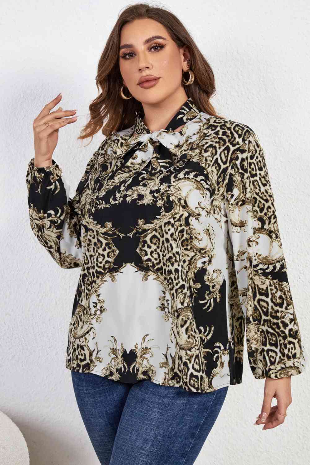 Melo Apparel Blusa de manga larga con cuello anudado y estampado de talla grande