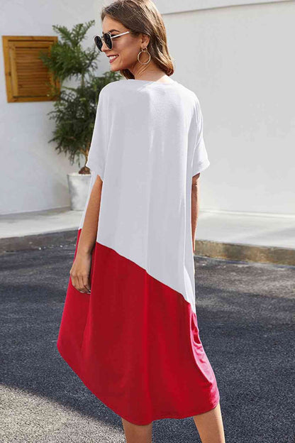 Color Block Round Neck Short Sleeve Dress