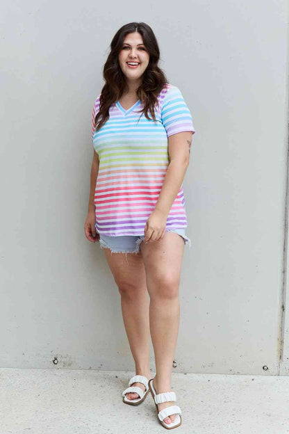 Heimish Out And Proud Full Size Multicolored Striped V-Neck Short Sleeve Top