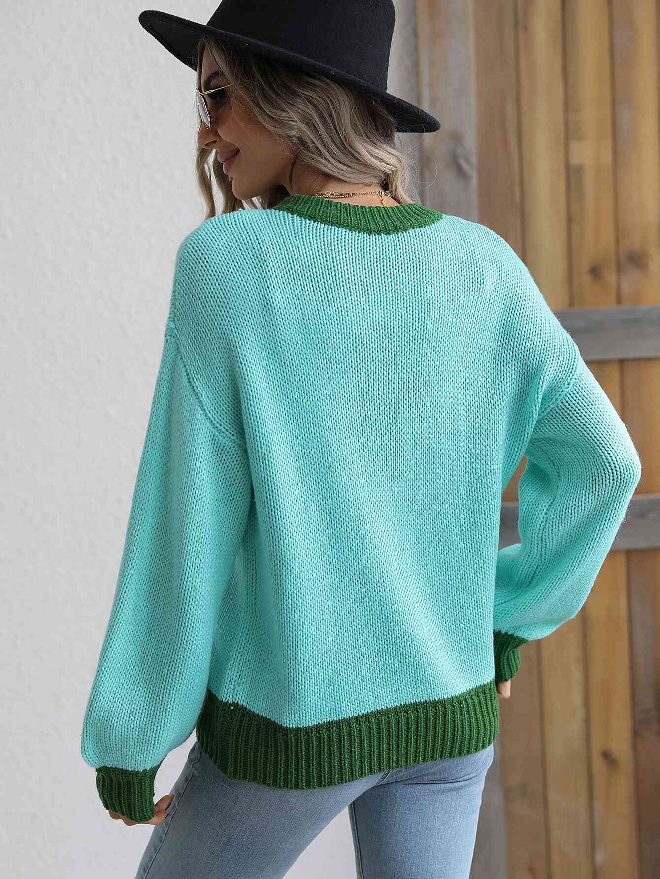 Contrast Trim Drop Shoulder Pullover Sweater