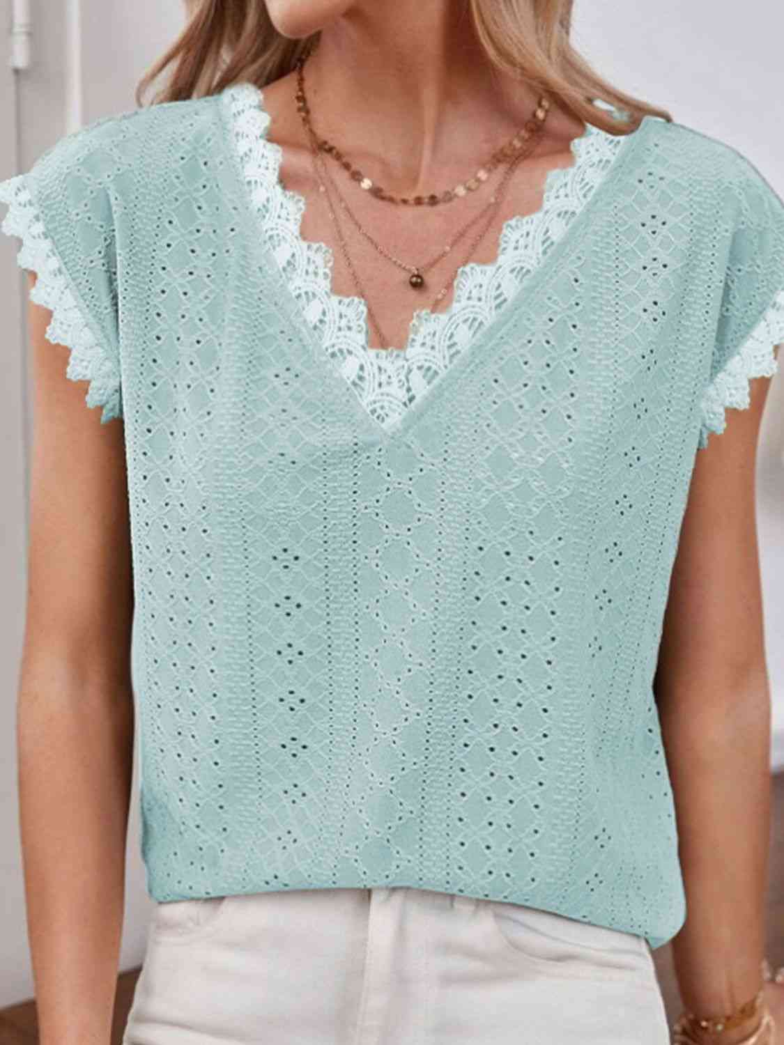 V-Neck Eyelet Short Sleeve Top