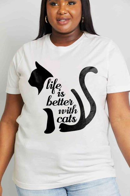 Simply Love Simply Love Taille réelle LA VIE EST MEILLEURE AVEC LES CHATS T-shirt en coton graphique