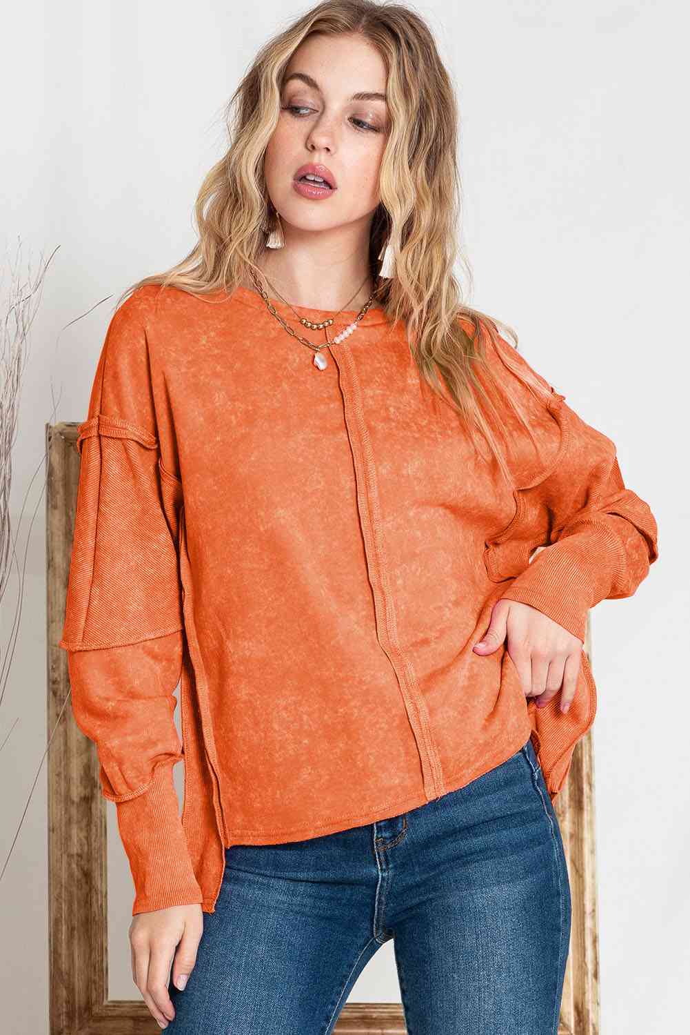 Full Size Exposed Seams Round Neck Dropped Shoulder Sweatshirt