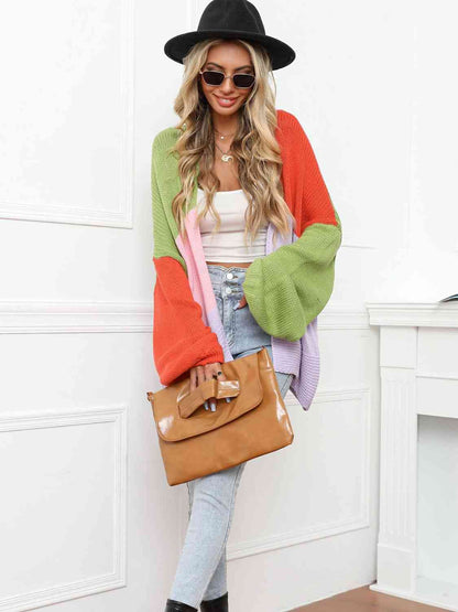 Color Block Open Front Balloon Sleeve Longline Cardigan