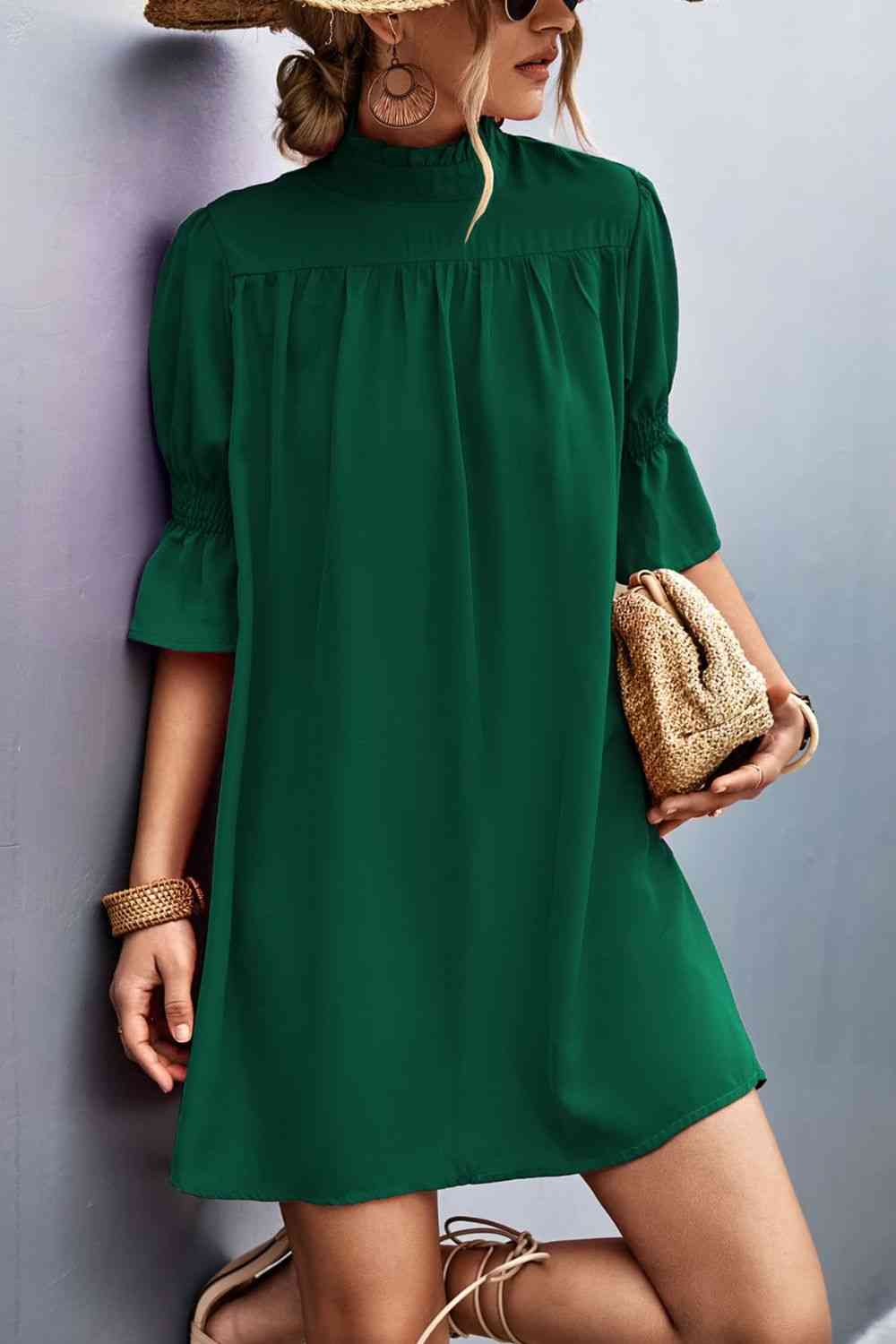 Frill Neck Flounce Sleeve Dress