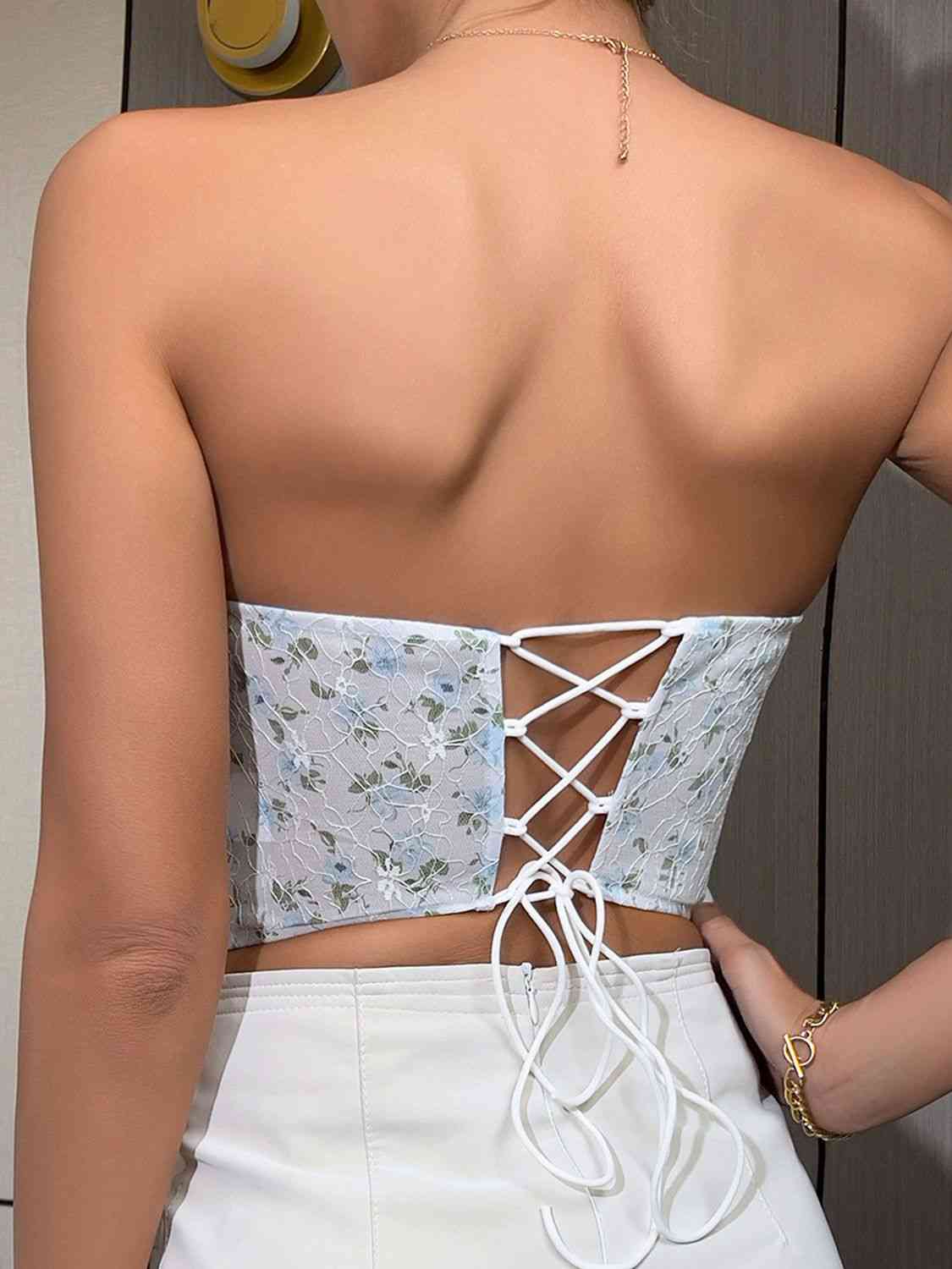 Bustier sans bretelles à lacets et fleurs