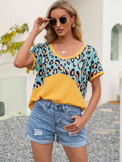 Leopard Waffle-Knit Short Sleeve Top