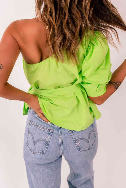 Tied Puff Sleeve One-Shoulder Top