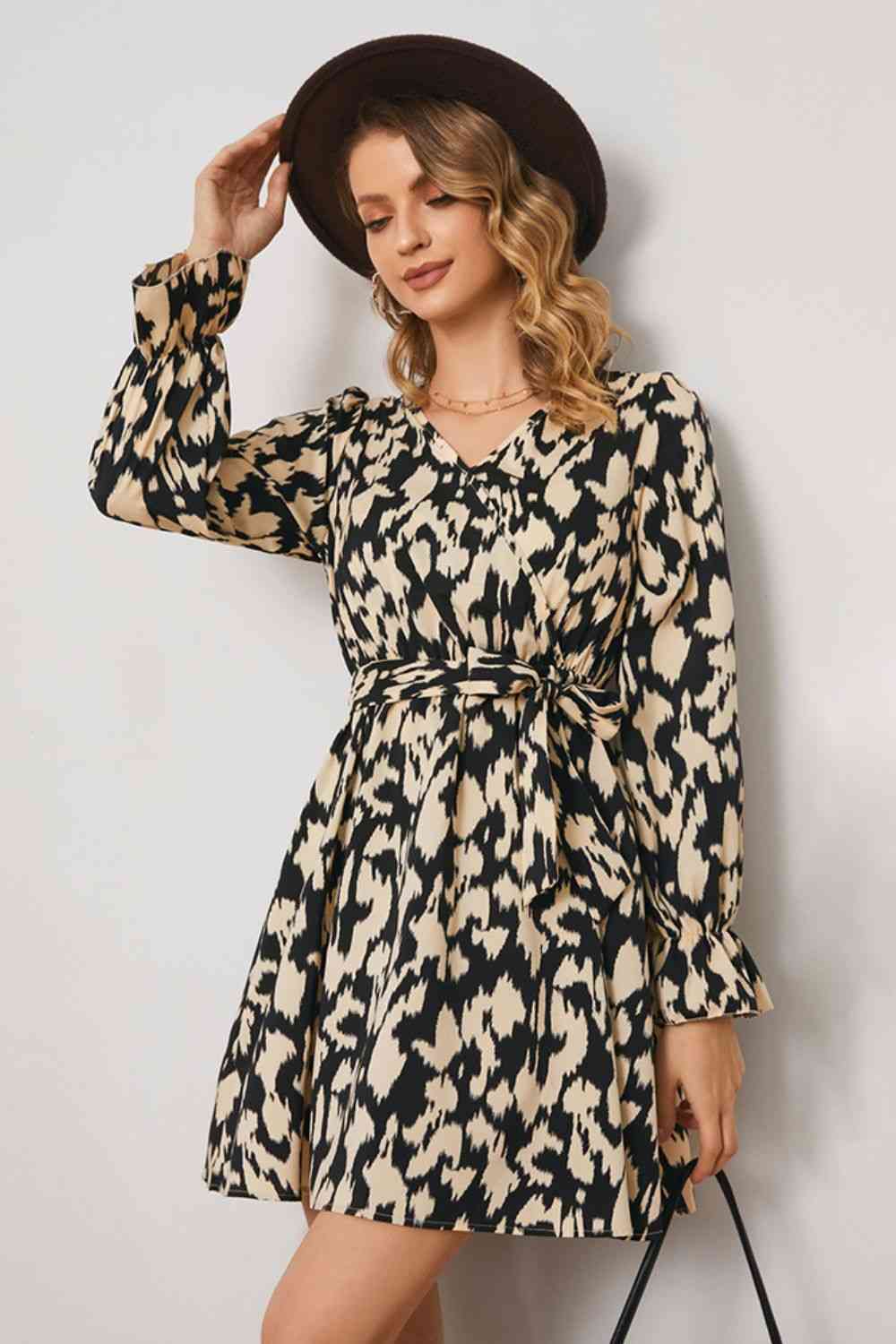 Animal Print Surplice Neck Long Flounce Sleeve Dress