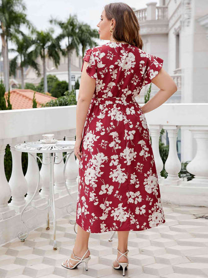 Robe Mi-longue Florale à Taille Nouée et Col Surplis de Grande Taille