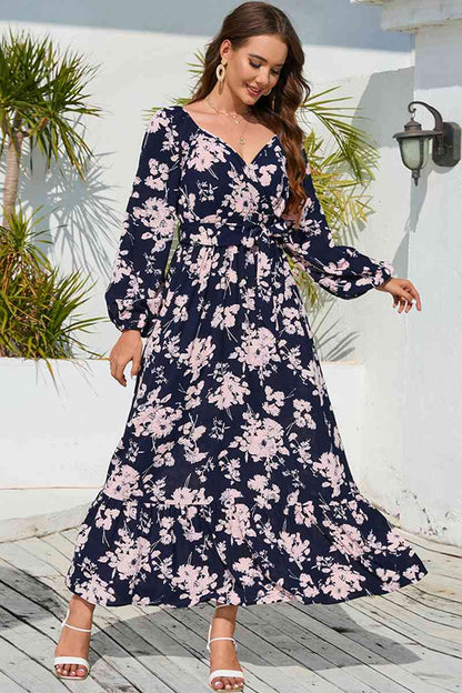 Vestido largo de manga larga con cuello en V y estampado floral