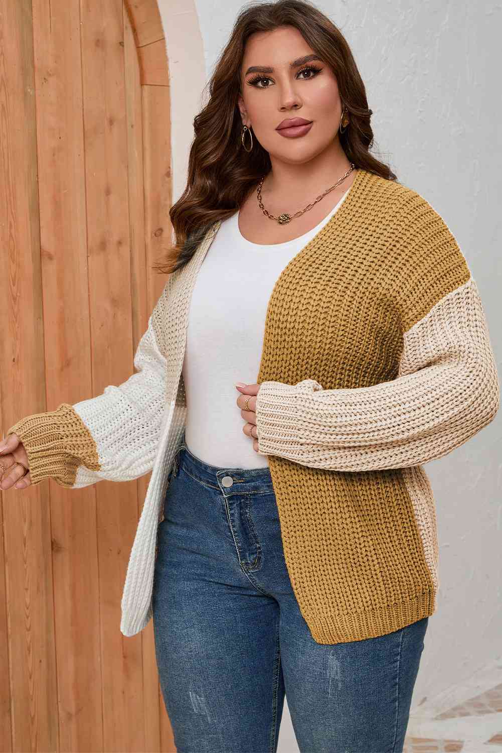 Cardigan à Epaules Tombantes en Blocs de Couleurs de Grande Taille