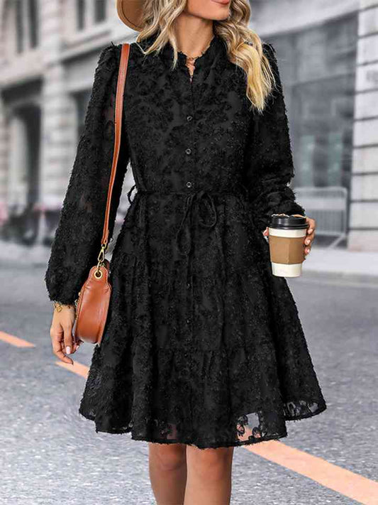 V-Neck Long Sleeve Buttoned Dress