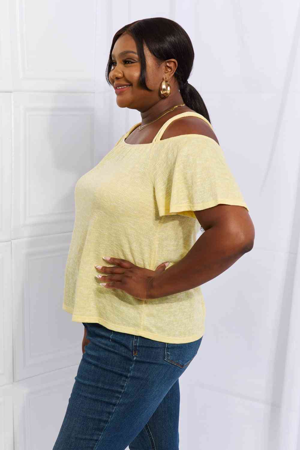 Culture Code On The Move Full Size Off The Shoulder Flare Sleeve Top in Sand Yellow