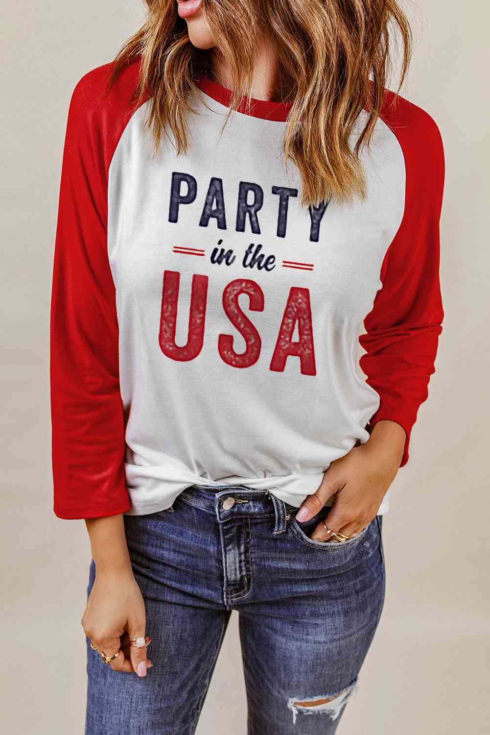 Simply Love PARTY IN THE USA Graphic Raglan Sleeve Tee