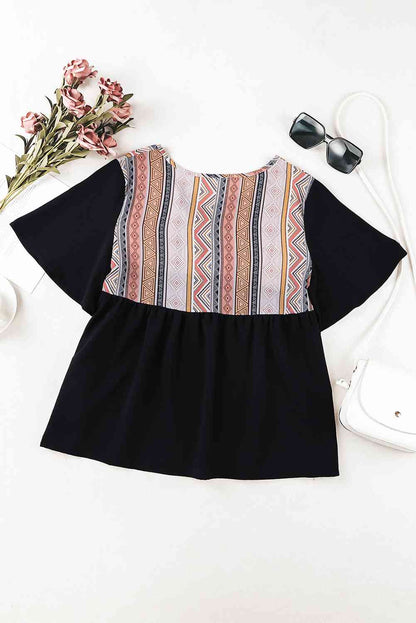 Geometric Print Color Block Tied Babydoll Blouse