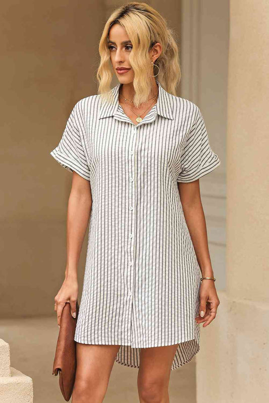 Full Size Striped Short Sleeve Shirt Dress