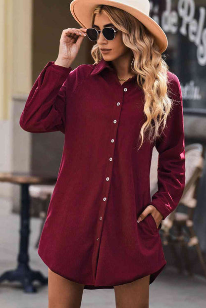 Button Front Curved Hem Raglan Sleeve Shirt Dress