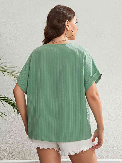 Plus Size Buttoned V-Neck Short Sleeve Top