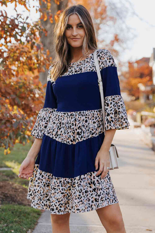 Animal Print Color Block Flare Sleeve Dress