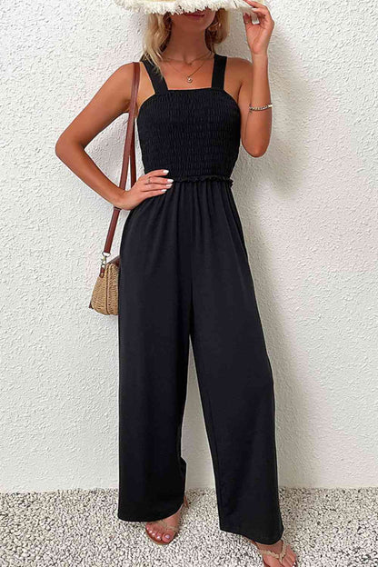 Smocked Sleeveless Wide Leg Jumpsuit with Pockets