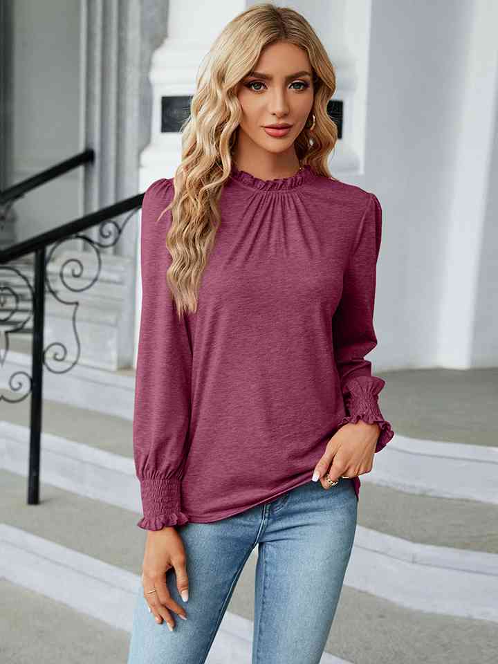 Round Neck Flounce Sleeve Blouse