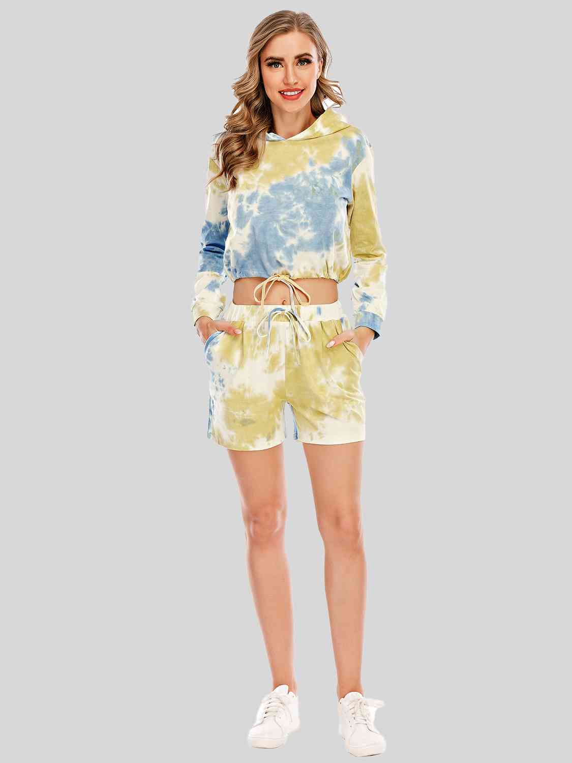 Tie-Dye Drawstring Hooded Top and Shorts Set