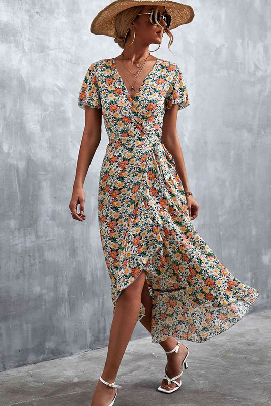 Robe midi nouée à col surplis et fleurs