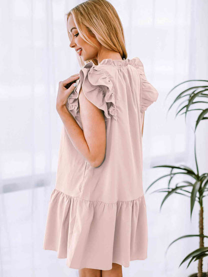 Ruffle Shoulder Tie-Neck Tiered Dress