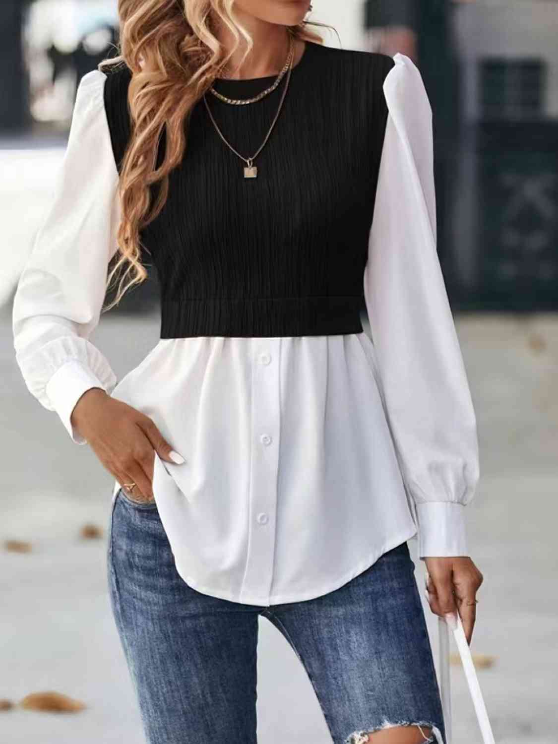 Blouse contrastée à col rond et manches bouffantes